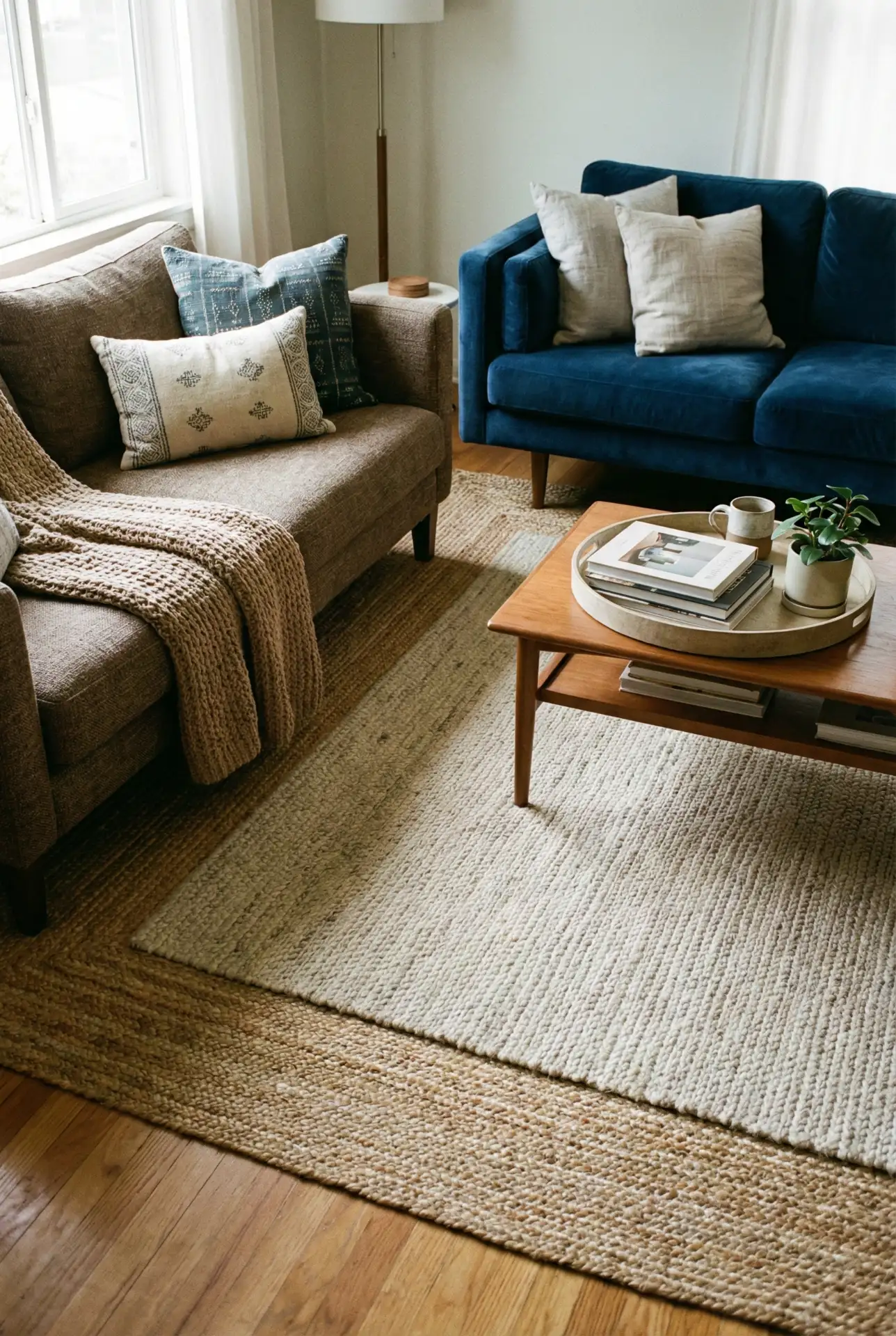 Brown Sofa And Blue Sofa Split Seating For Conversation 1