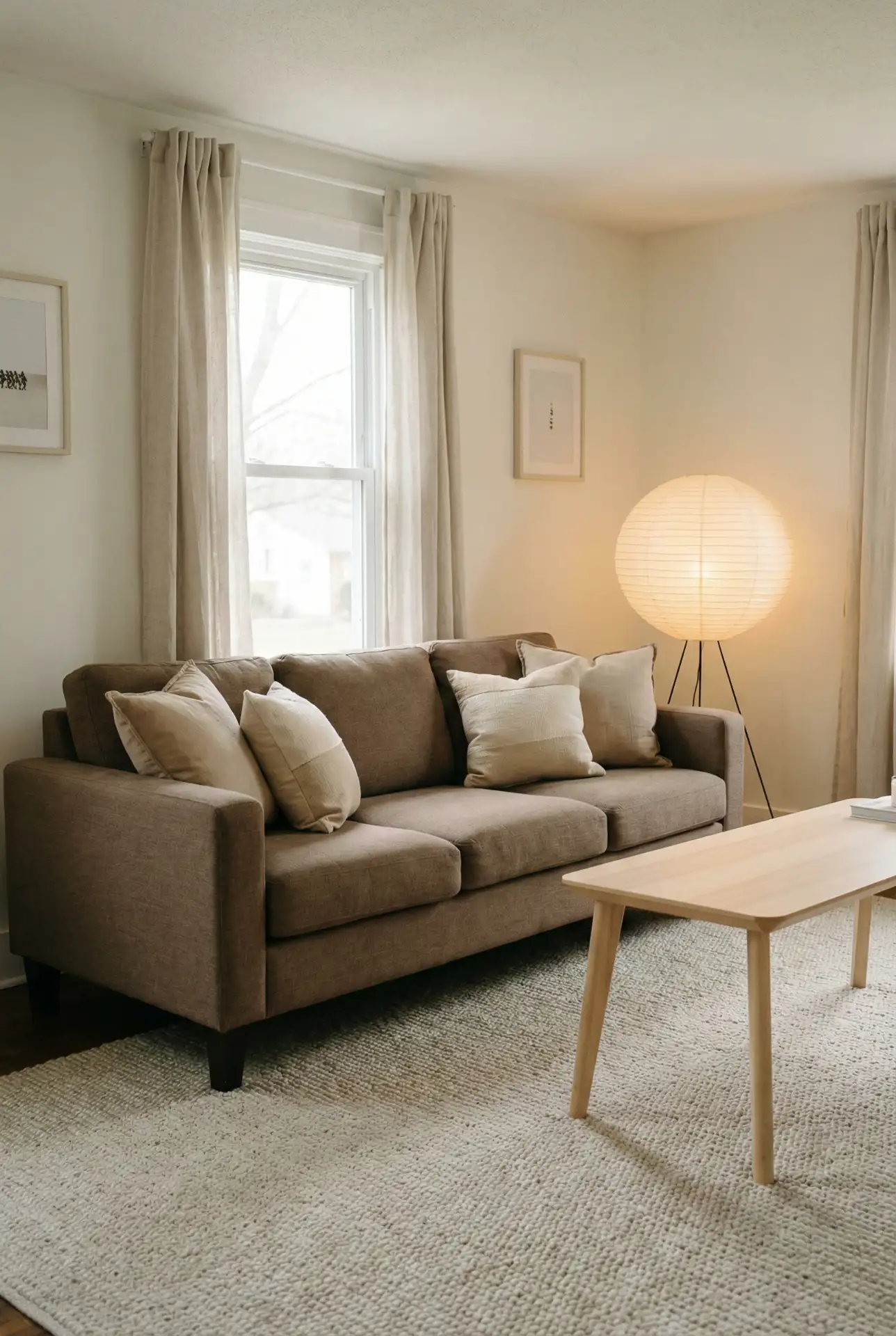 Brown Sofa Grounding With Beige Layers In A Rental-Friendly Setup 1