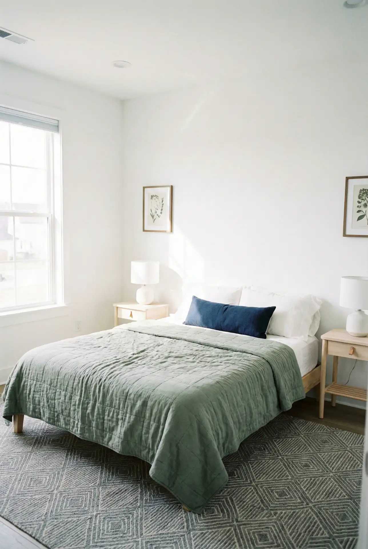 Clean White Bedroom With Sage Greens And Navy Balance 1