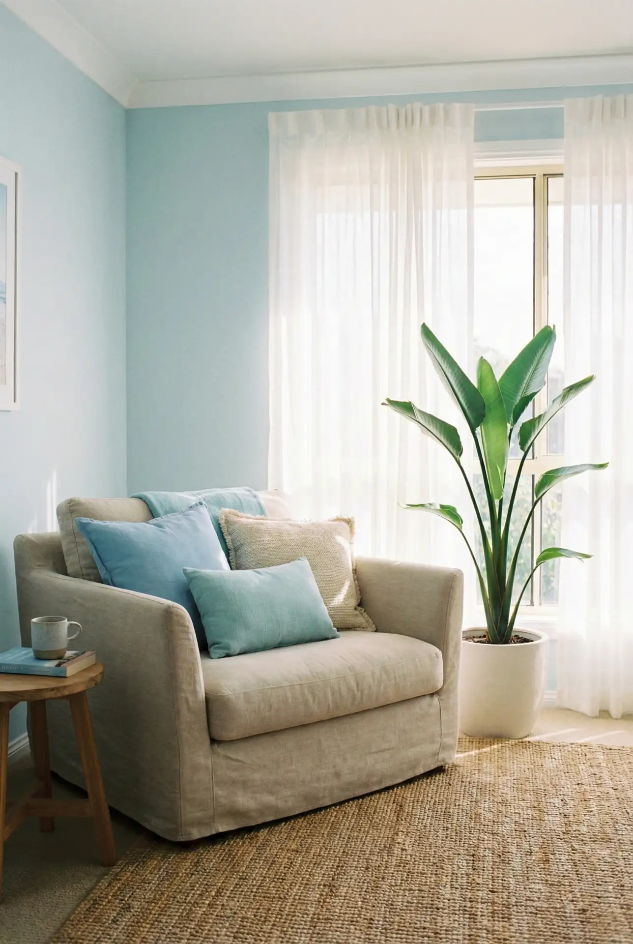 Coastal-Inspired Blue Scheme With Breezy Curtains 1