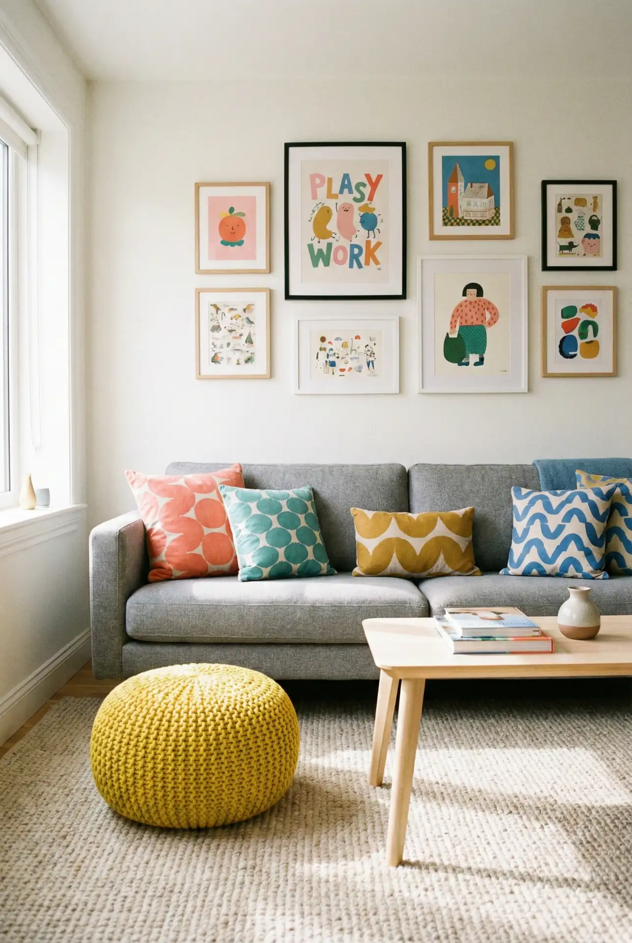 Colorful Cute Mix With A Grey Couch As The Quiet Anchor 1