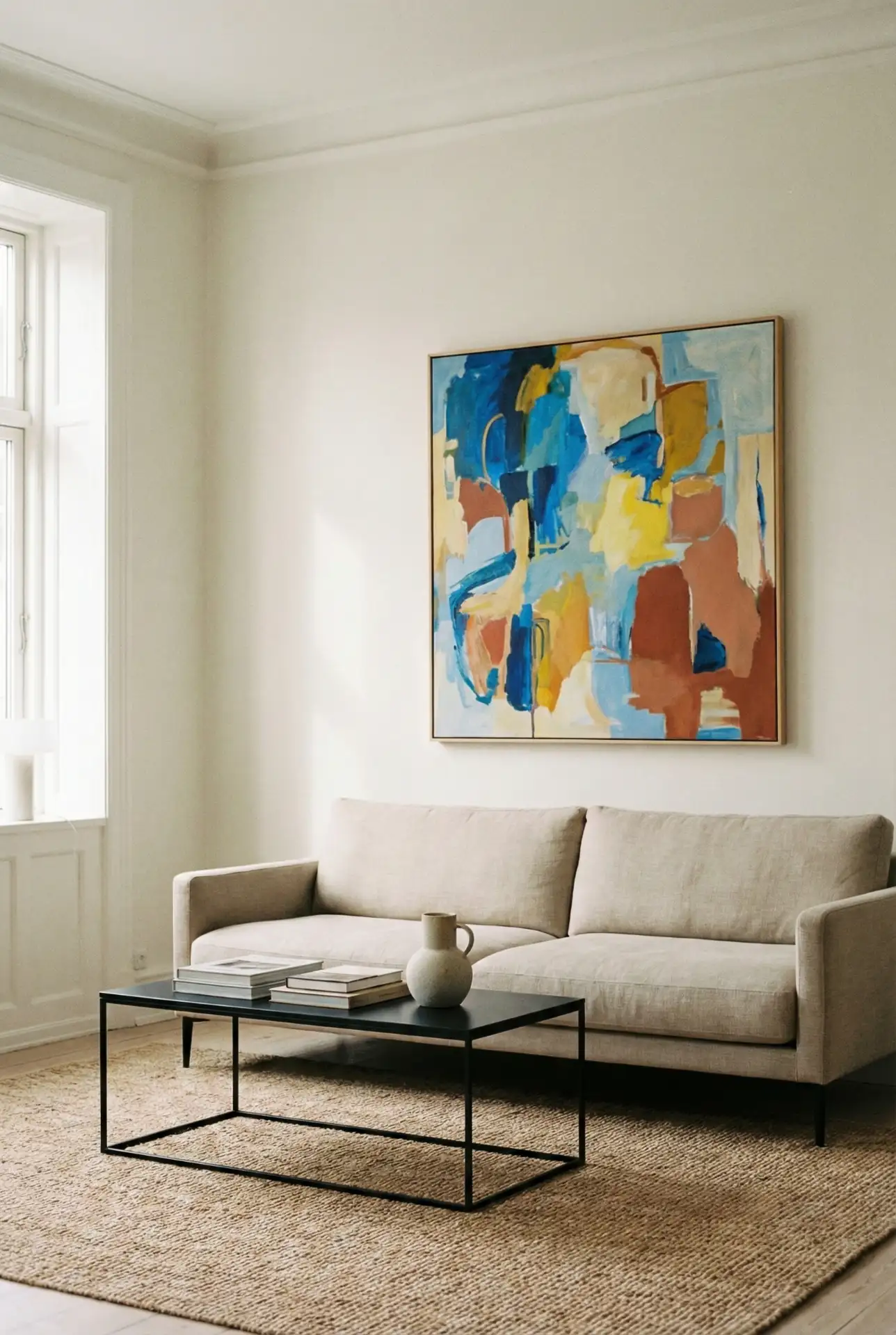 Colorful Minimalist Living Room with One Art Focus 1