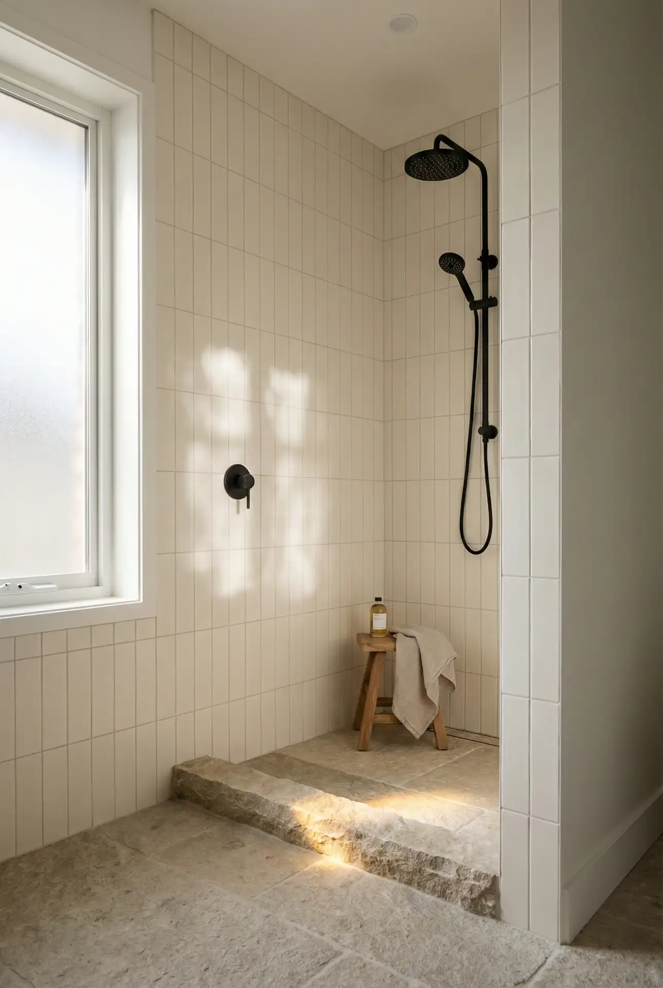 Compact Doorless Shower With A Slim Stone Threshold 2