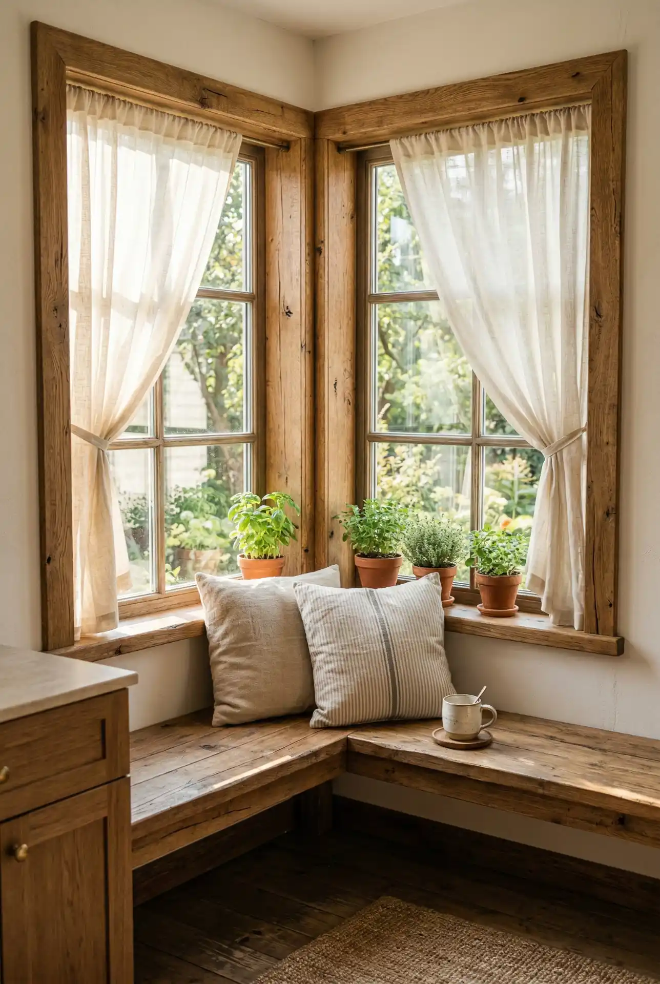 Corner Window Seat With Rustic Trim And Soft Curtains 1