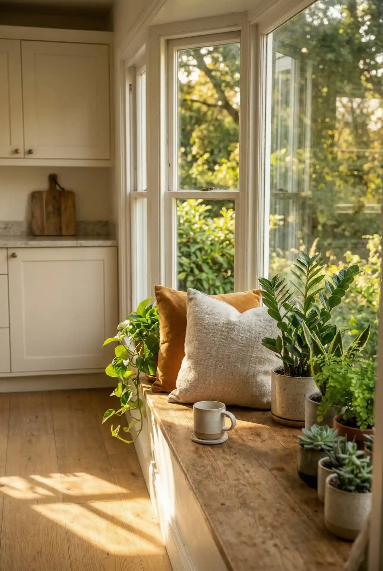 Corner Window Seat With Rustic Trim And Soft Curtains 2