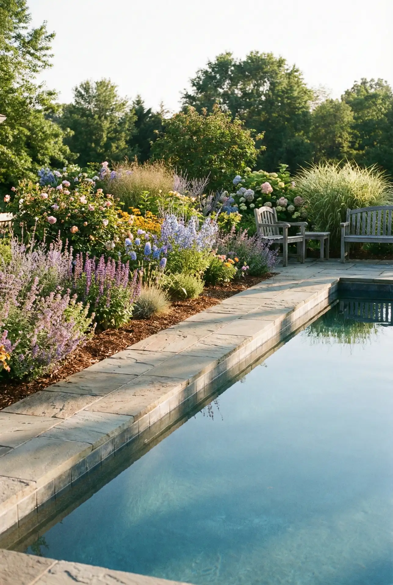 Country Cottage Pool Edge With Mixed Perennial Borders 1