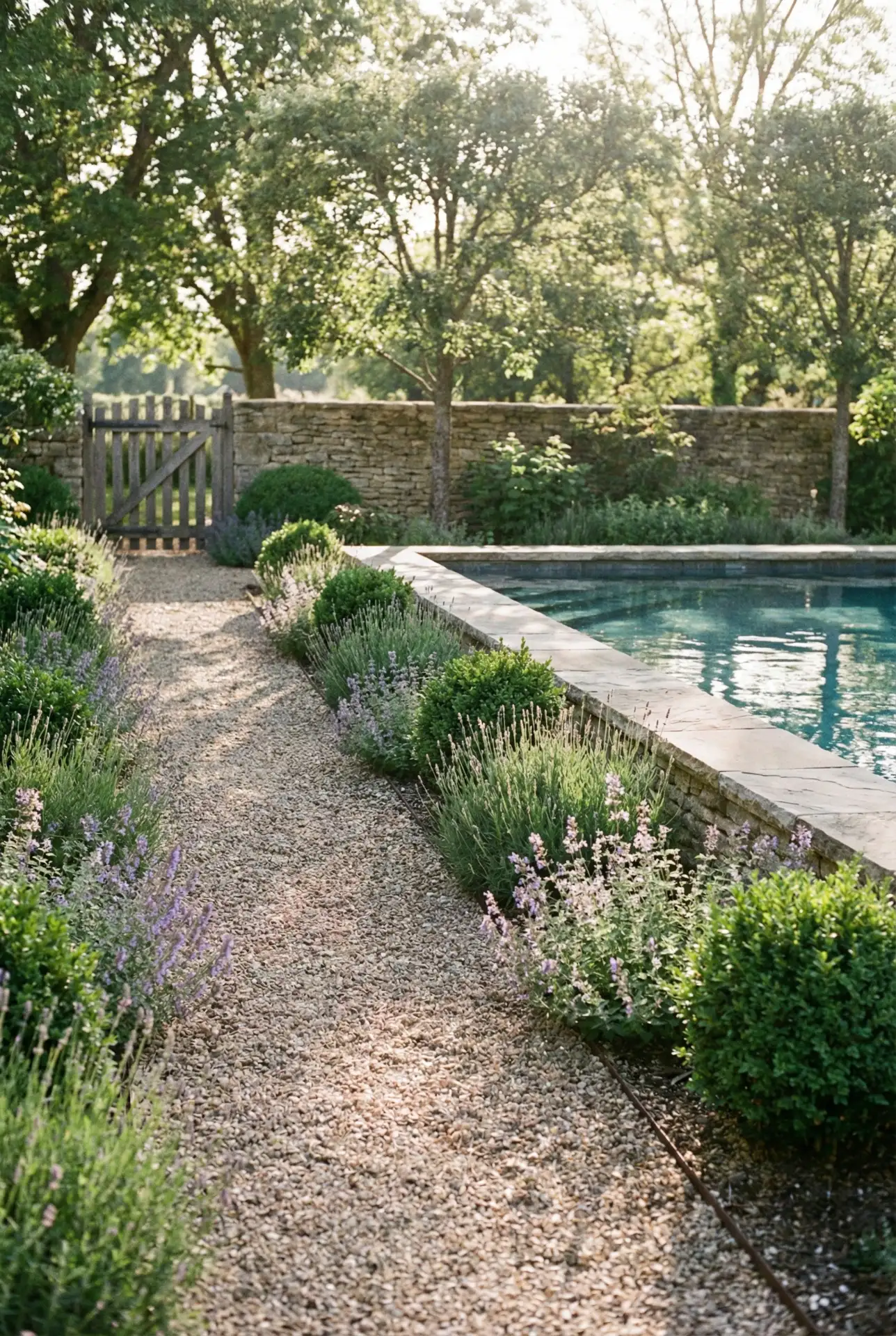 Country Gravel Path To Pool With Flowering Edges 1