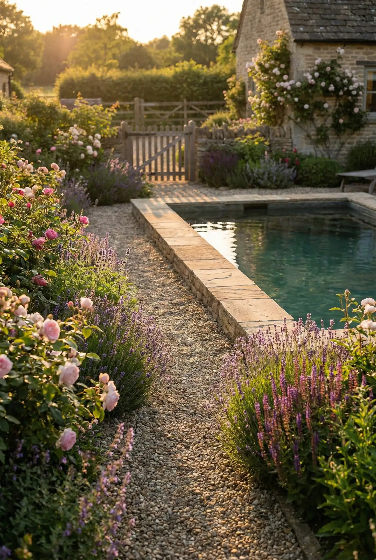 Country Gravel Path To Pool With Flowering Edges 2