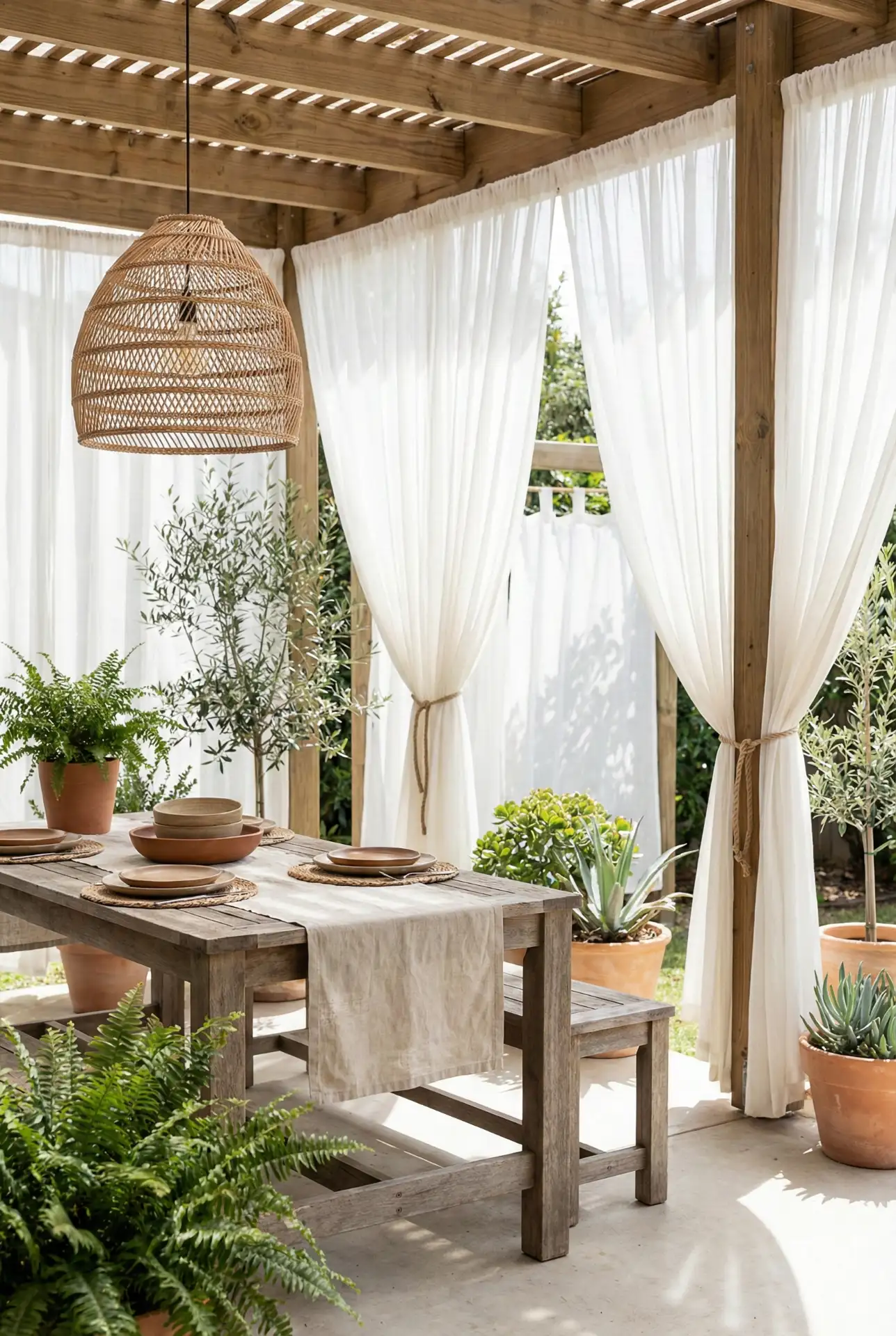 Covered Porch Dining With Breezy Curtains 1