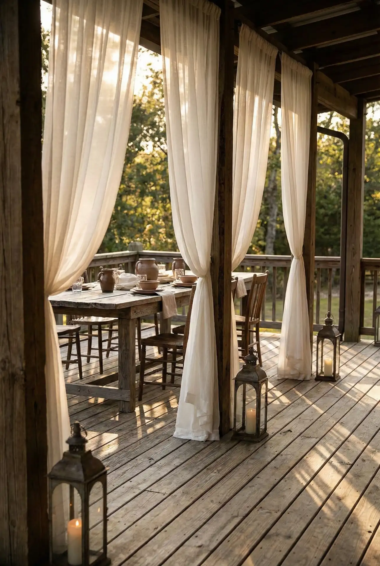 Covered Porch Dining With Breezy Curtains 2