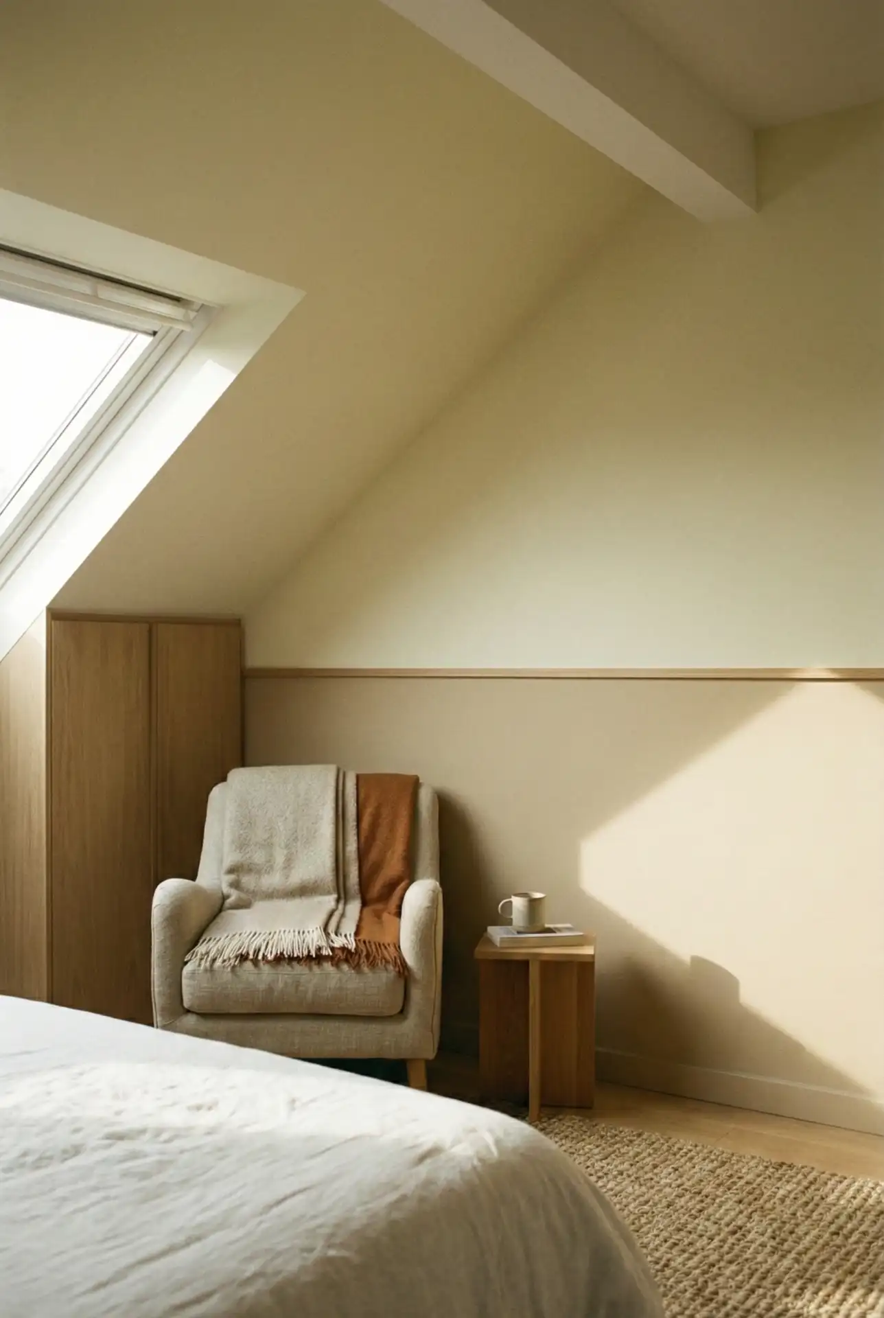 Cozy Attic Bedroom With Dark Half-Wall Paint And Light Ceiling 1