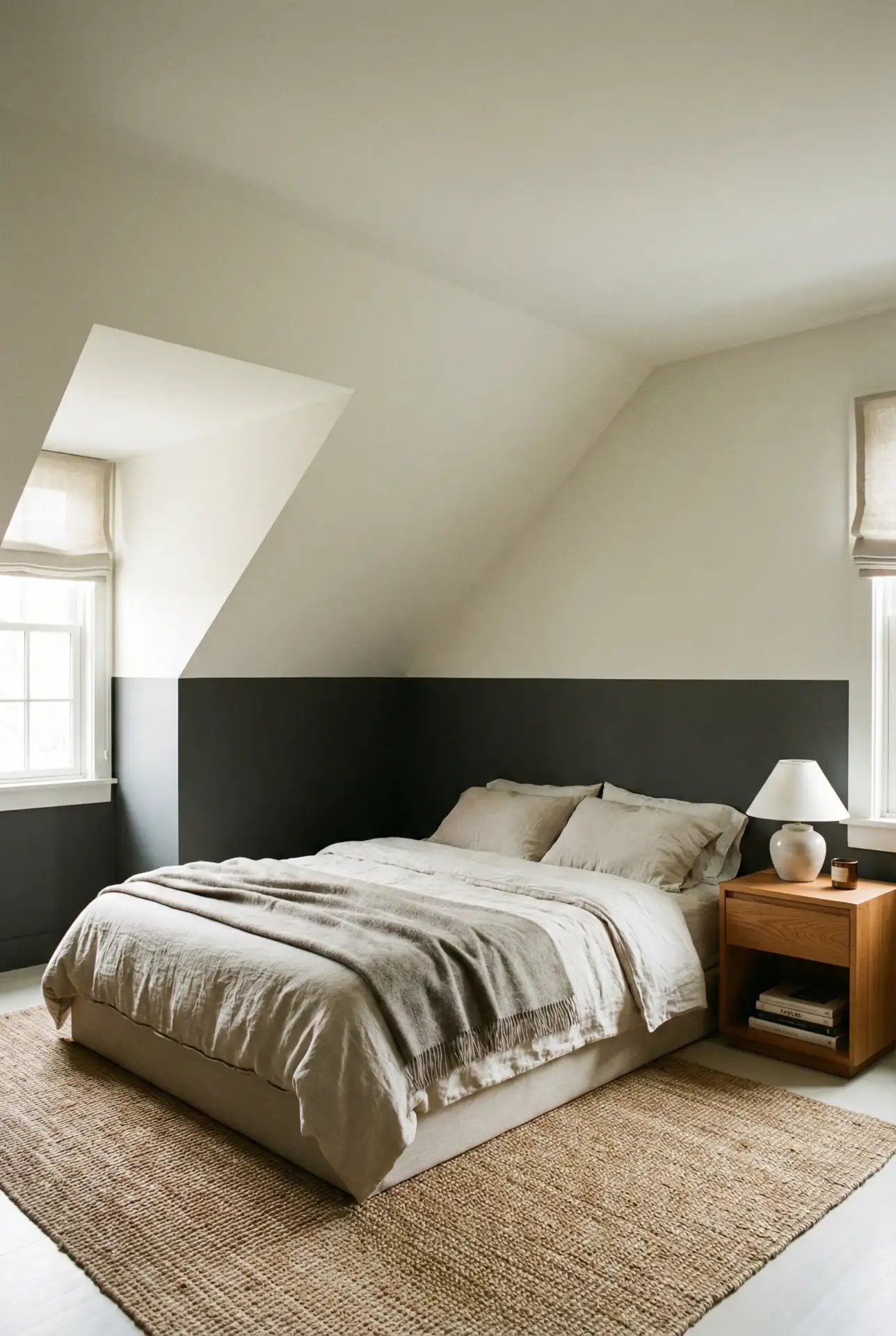 Cozy Attic Bedroom With Dark Half-Wall Paint And Light Ceiling 2