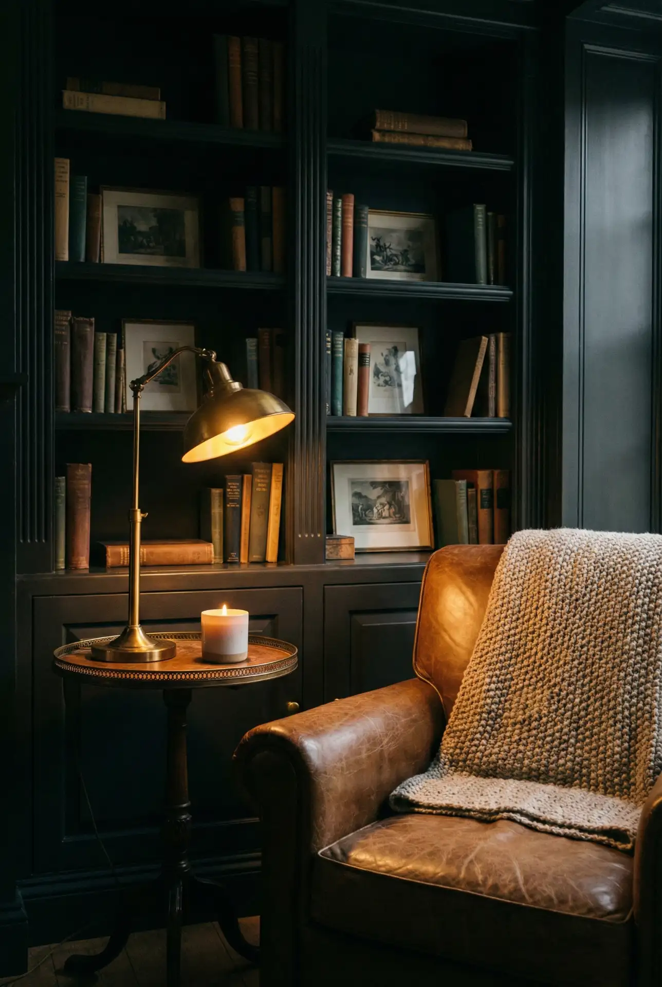Cozy Dark Den Library With Leather Chair And Warm Lighting 1