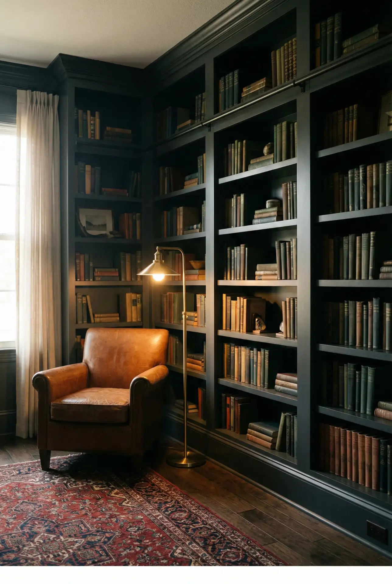 Cozy Dark Den Library With Leather Chair And Warm Lighting 2