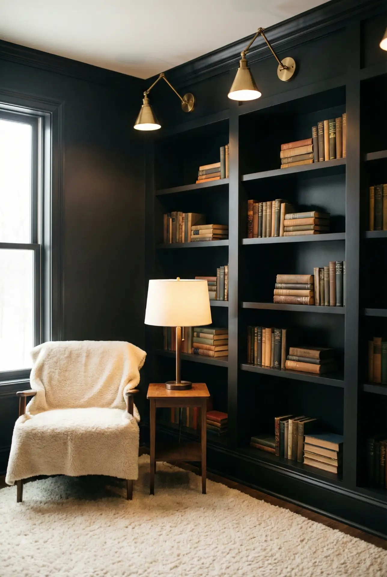 Cozy Dark Library With Matte Black Shelves And Brass Accents 2