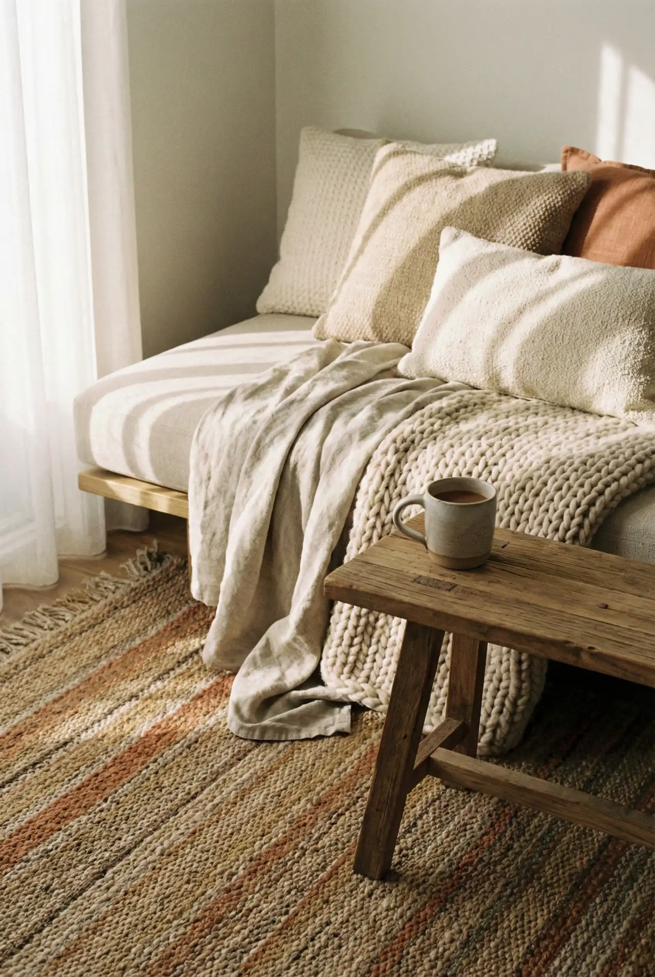 Cozy Minimalist Living Room with Soft Boho Textiles 2