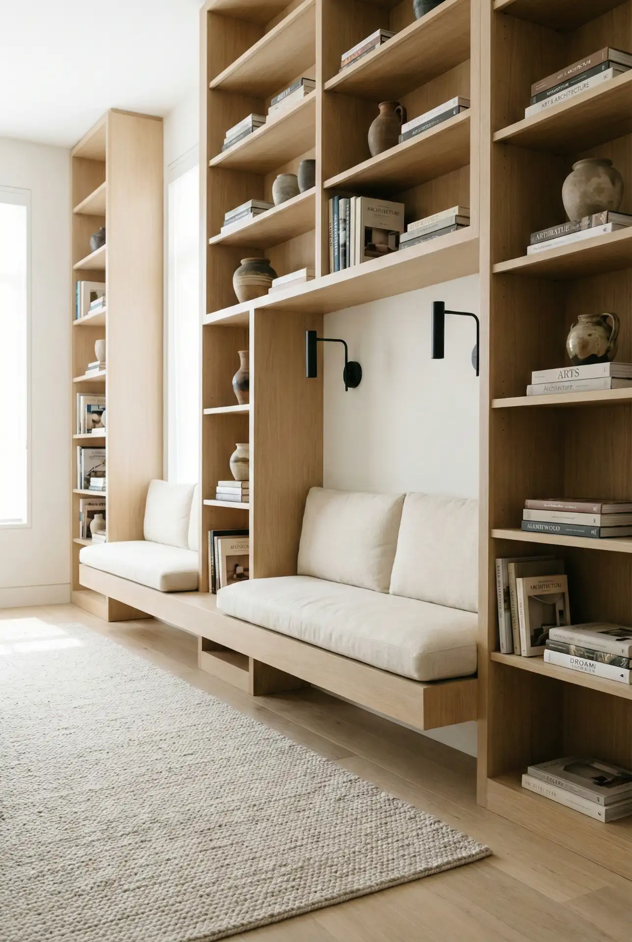 Cozy Modern Library Wall With Floating Bench 1