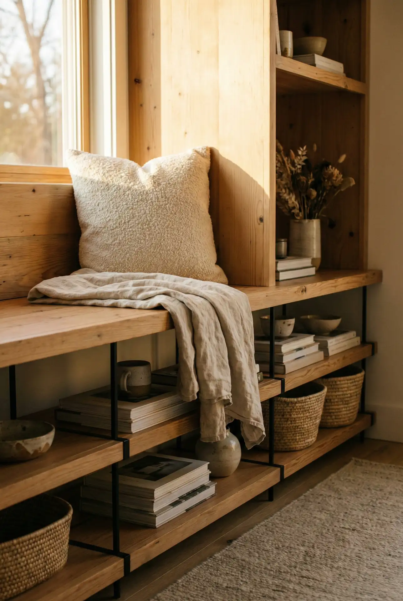 Cozy Modern Library Wall With Floating Bench 2