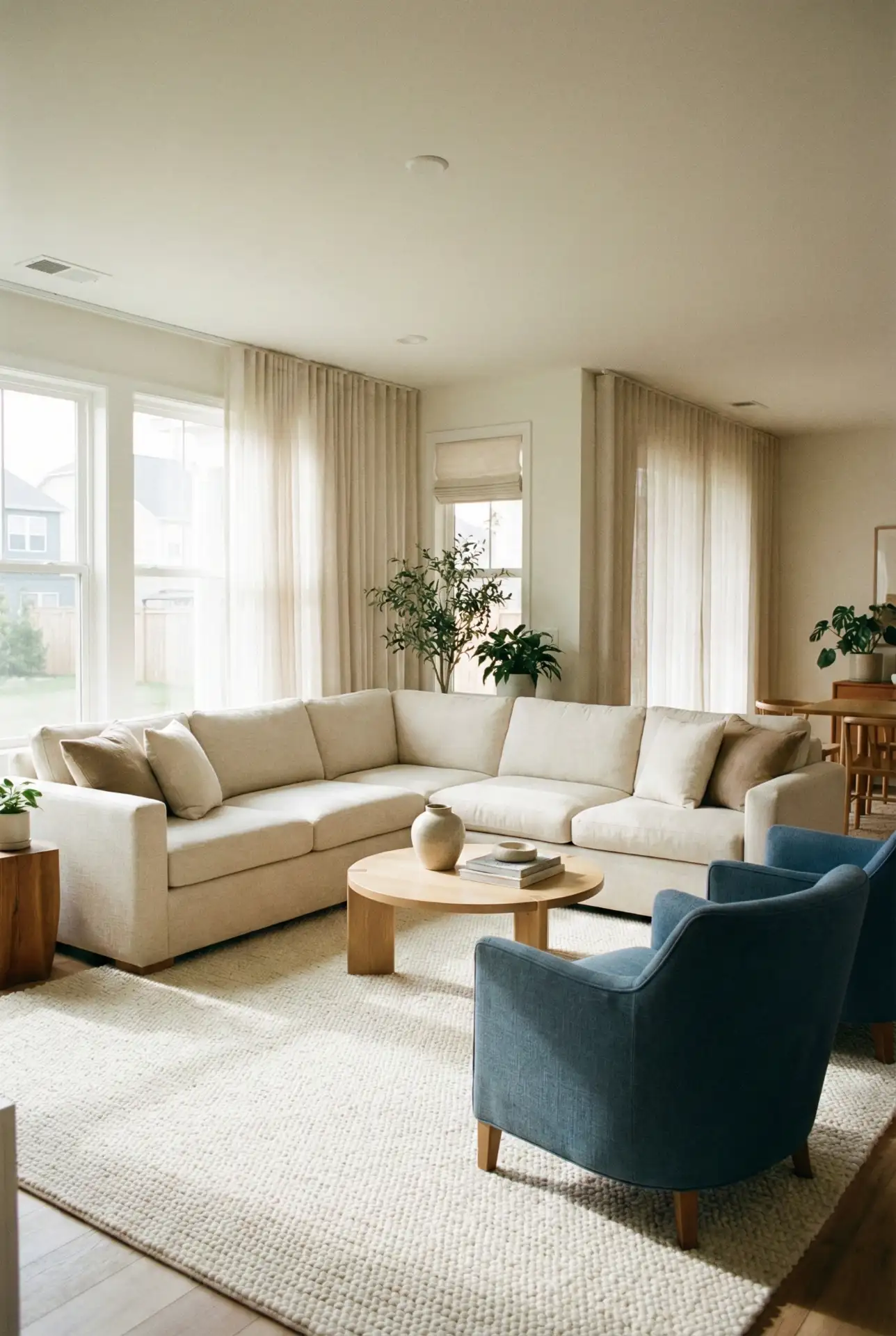 Cream Sectional With Blue Accent Chairs For Balance 1