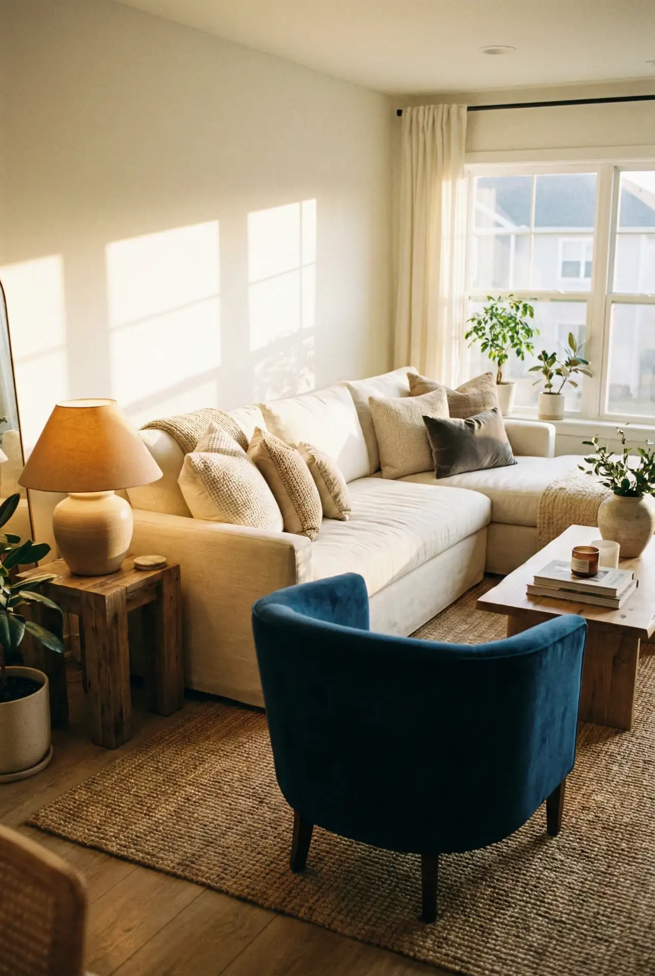 Cream Sectional With Blue Accent Chairs For Balance 2