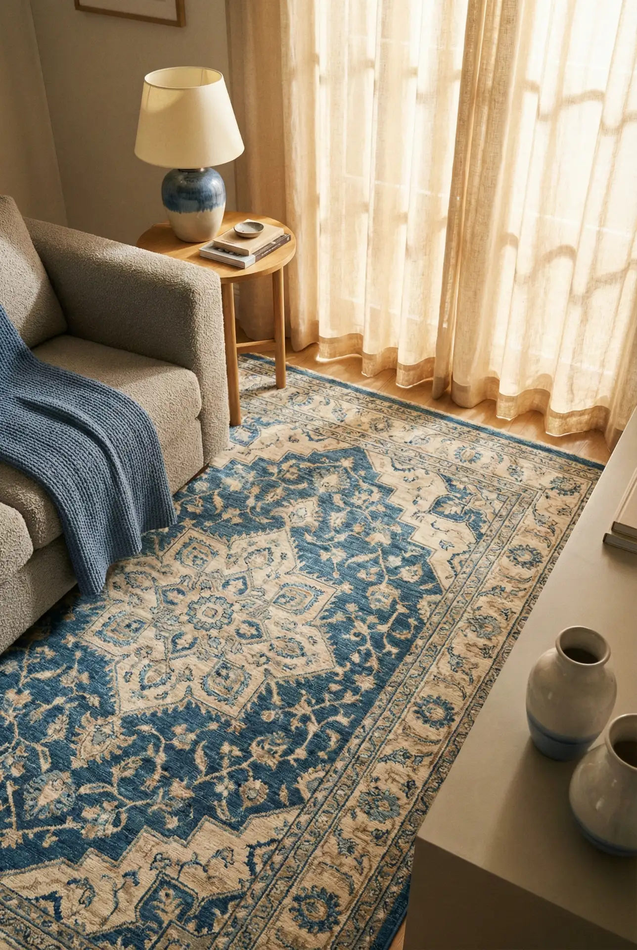 Creamy Walls With A Blue Patterned Rug Anchor 1