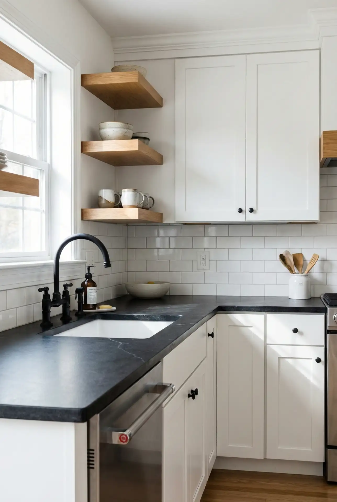 Crisp White Cabinets With Dramatic Black Countertop 1