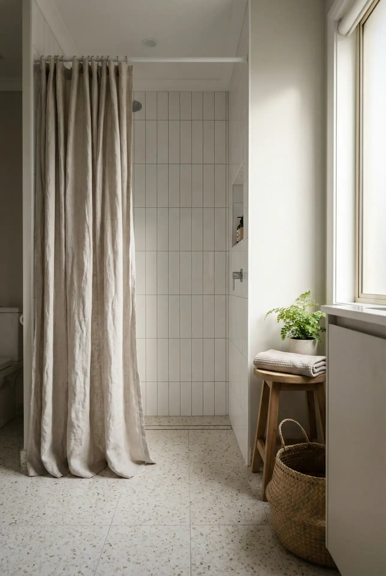 Curtain-Softened Walk-In For A Cozy Bath 2
