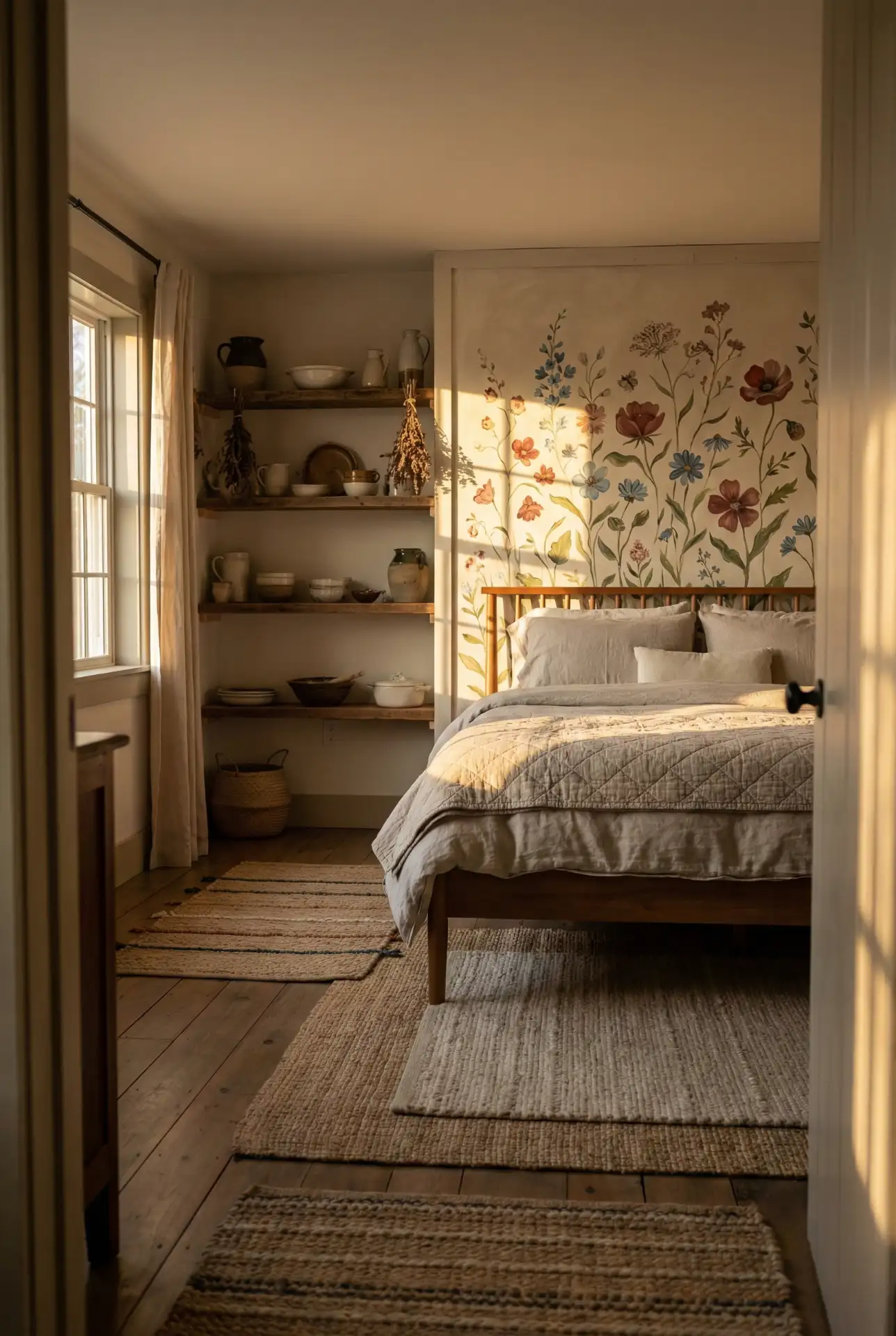 Cute Cottagecore Bedroom With Simple Floral Wall 2
