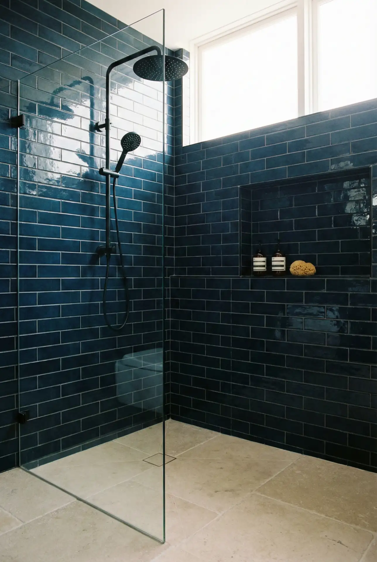 Dark Blue Tile Shower With Black Fixtures 2