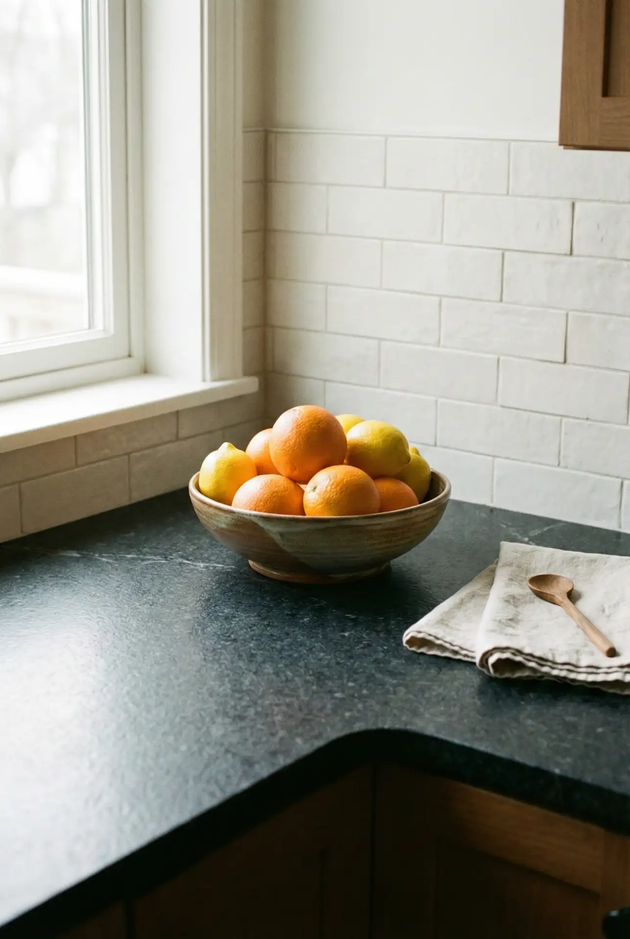 Dark Granite Fruit Bowl That Anchors The Counter 1