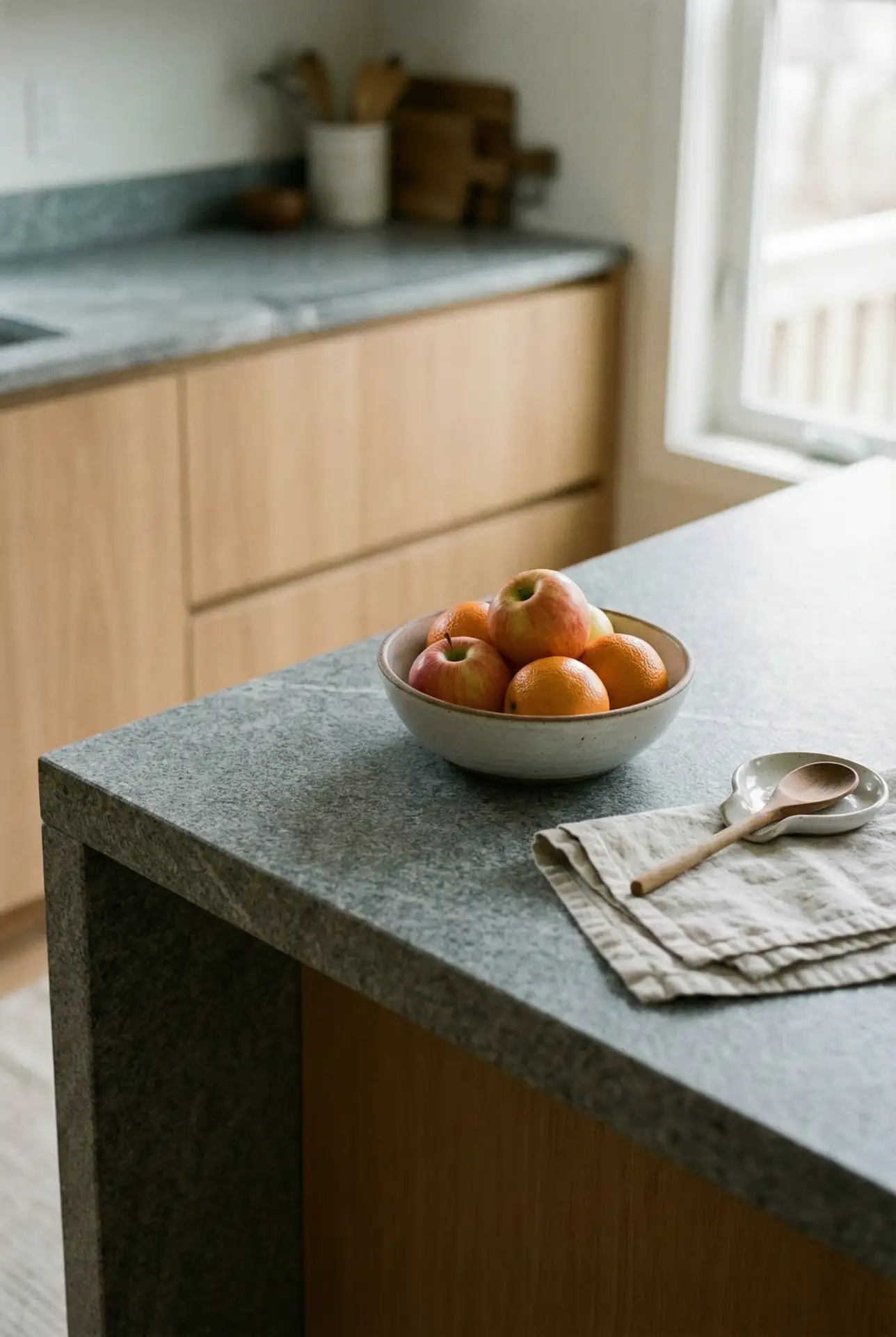 Dark Granite Fruit Bowl That Anchors The Counter 2