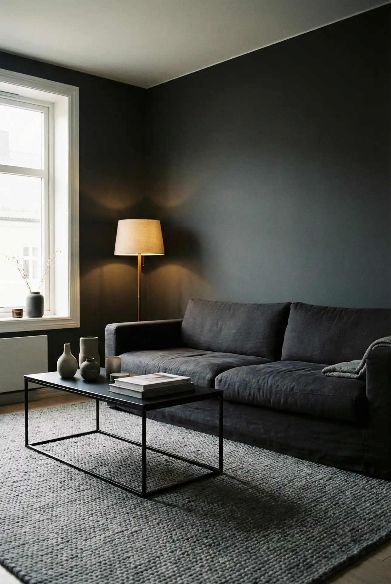 Dark Grey Minimalist Lounge with Soft Lighting 1