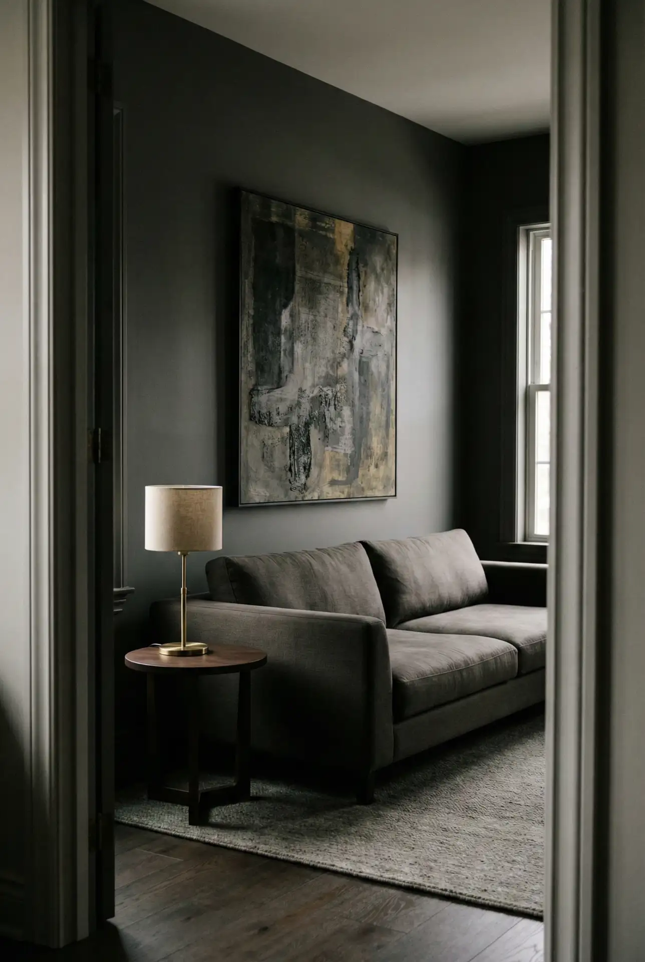 Dark Grey Minimalist Lounge with Soft Lighting 2