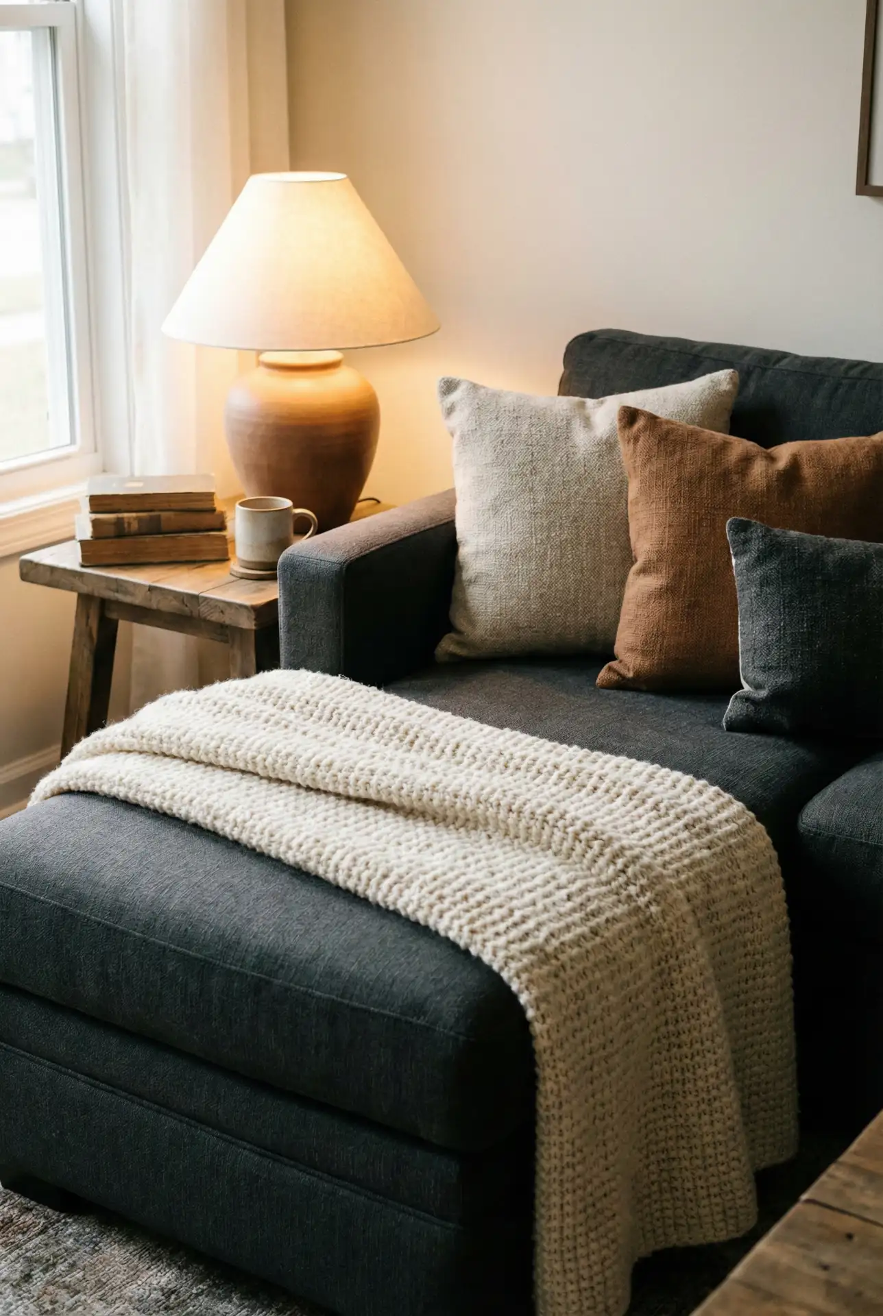 Dark-Grey Sectional With A Cozy Reading Corner End 1