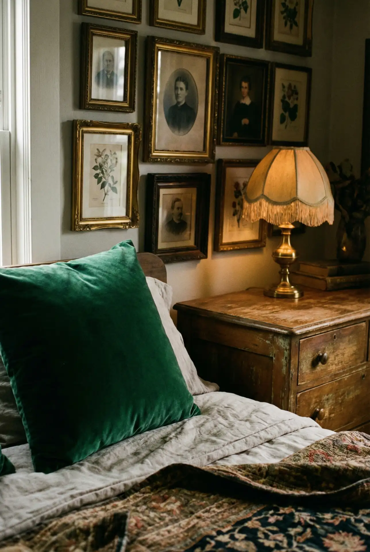 Dark Romantic Green Velvet With Antique Art 1