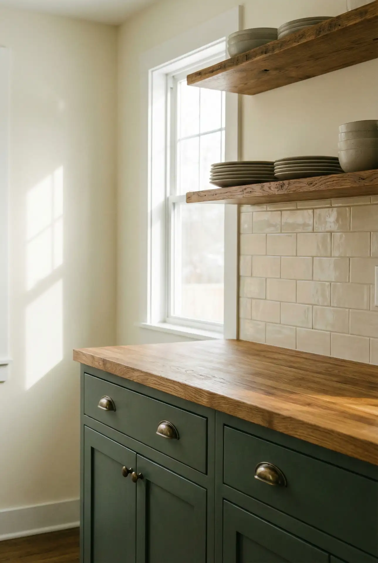 Dark Sage Lower Cabinets With Warm Wood Worktop 1