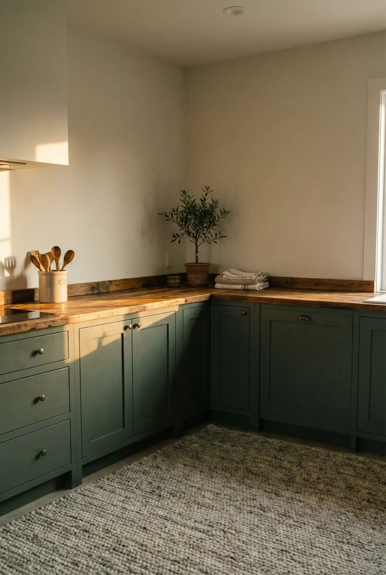Dark Sage Lower Cabinets With Warm Wood Worktop 2