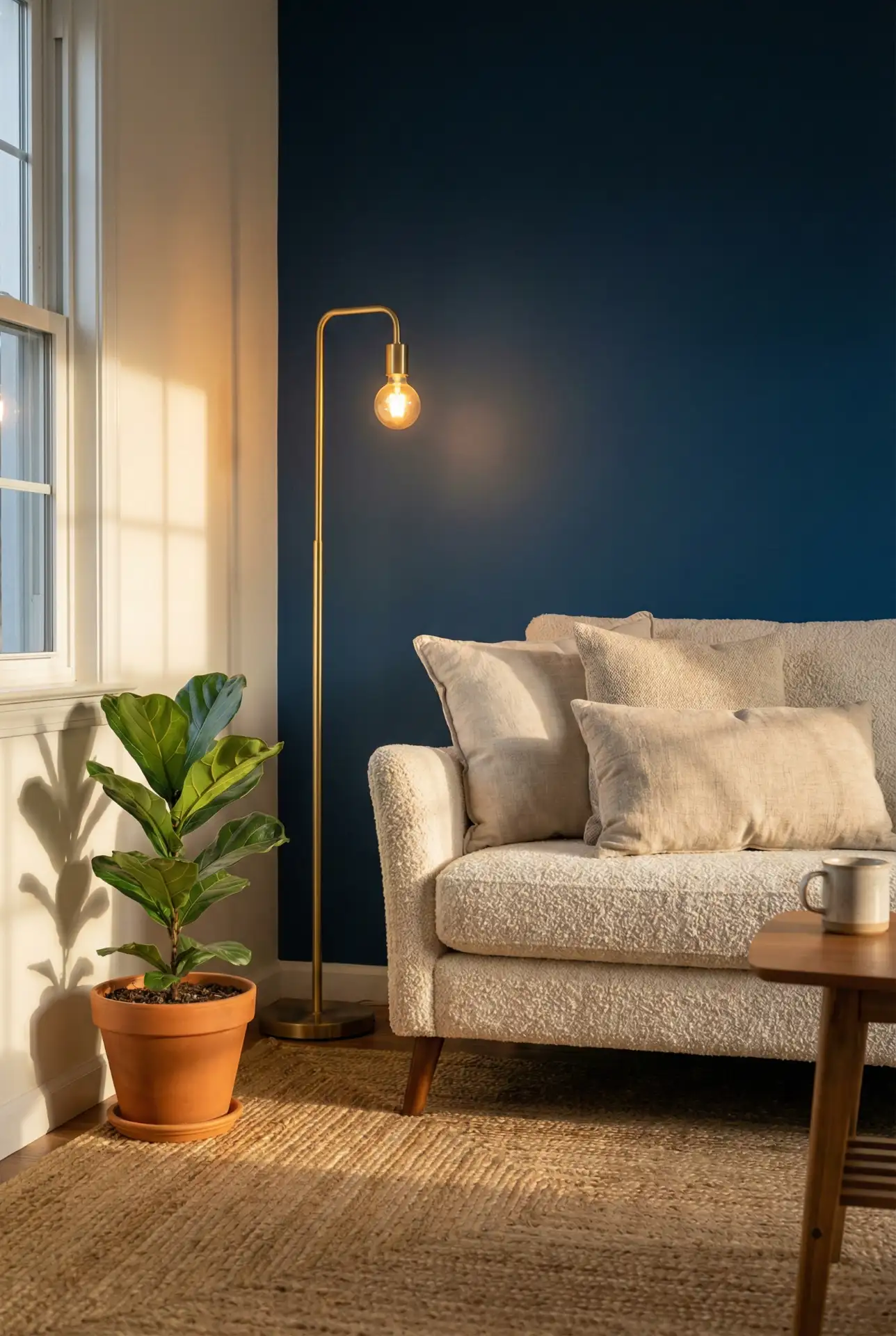 Deep Blue Accent Wall With Soft Neutral Seating 2