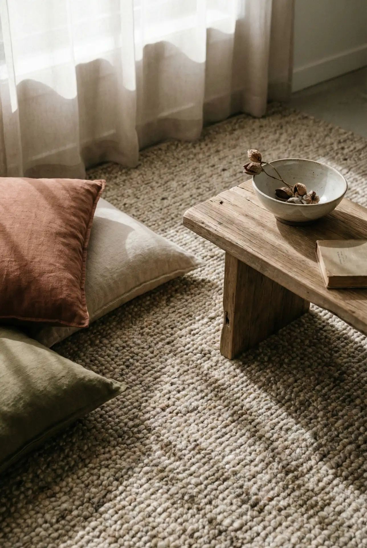 Earthy Minimalist Living Room with Natural Textures 1