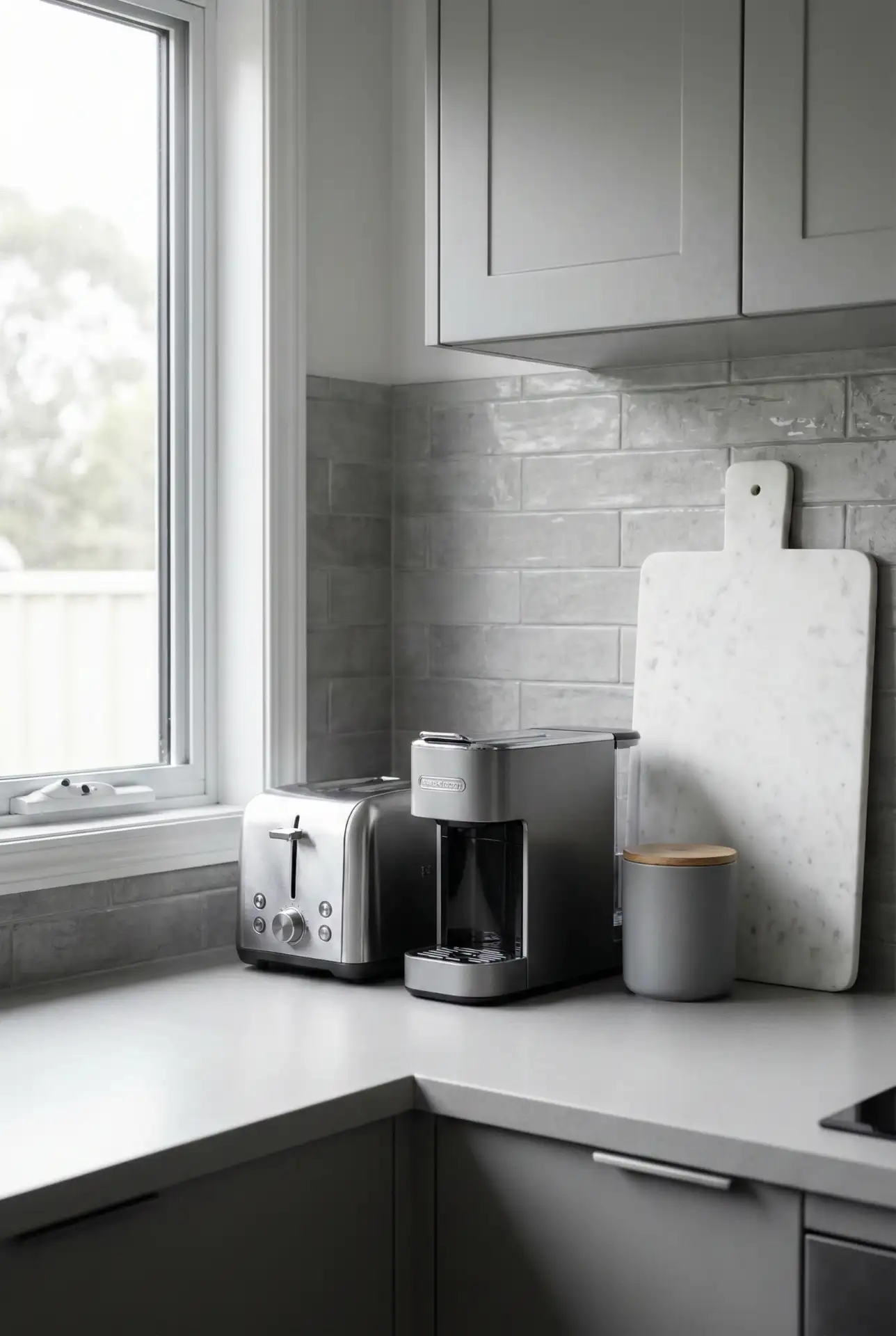 Elegant Grey Appliance Line With A Marble Board Break 2