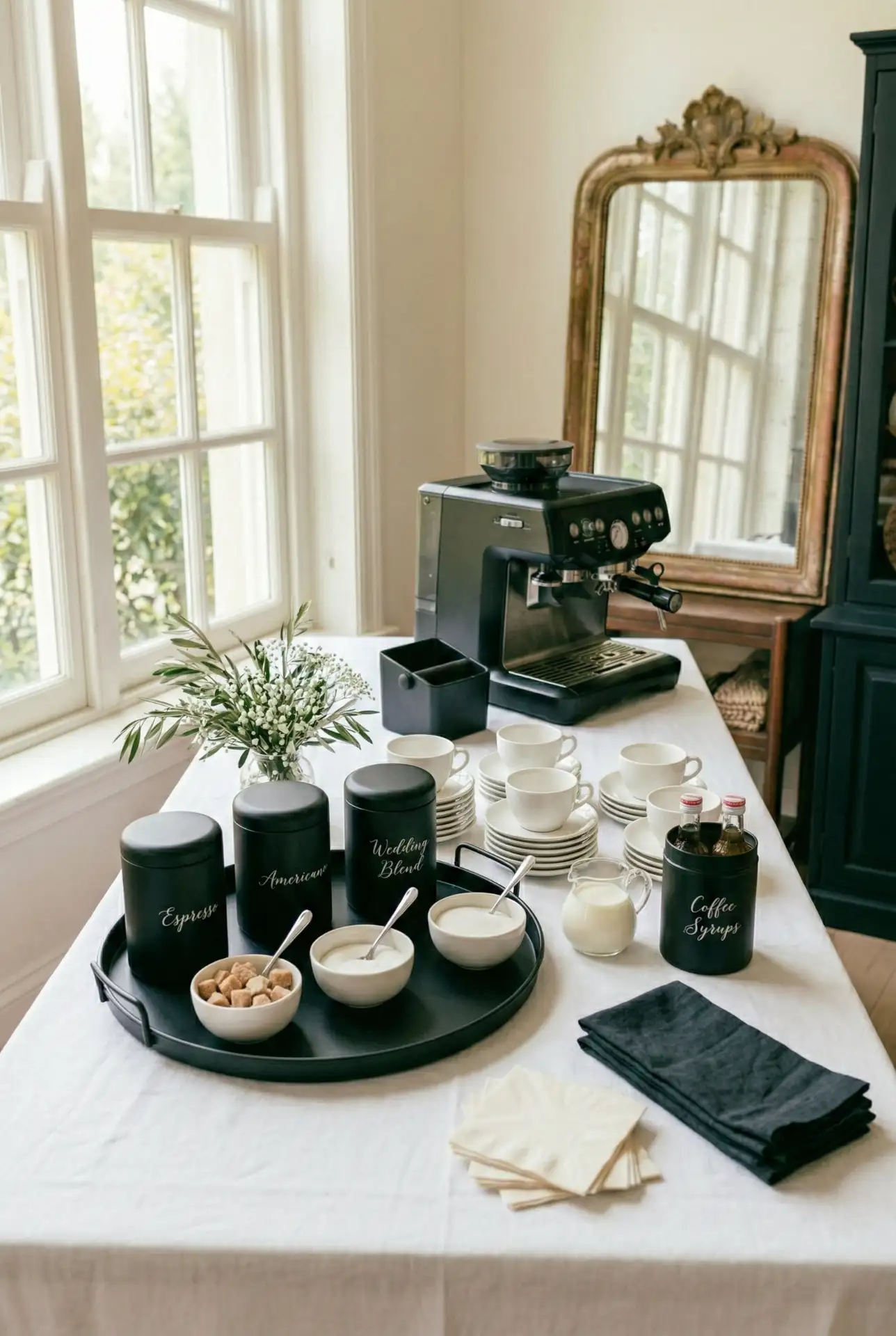 Elegant White-and-Black Wedding Coffee Bar 1