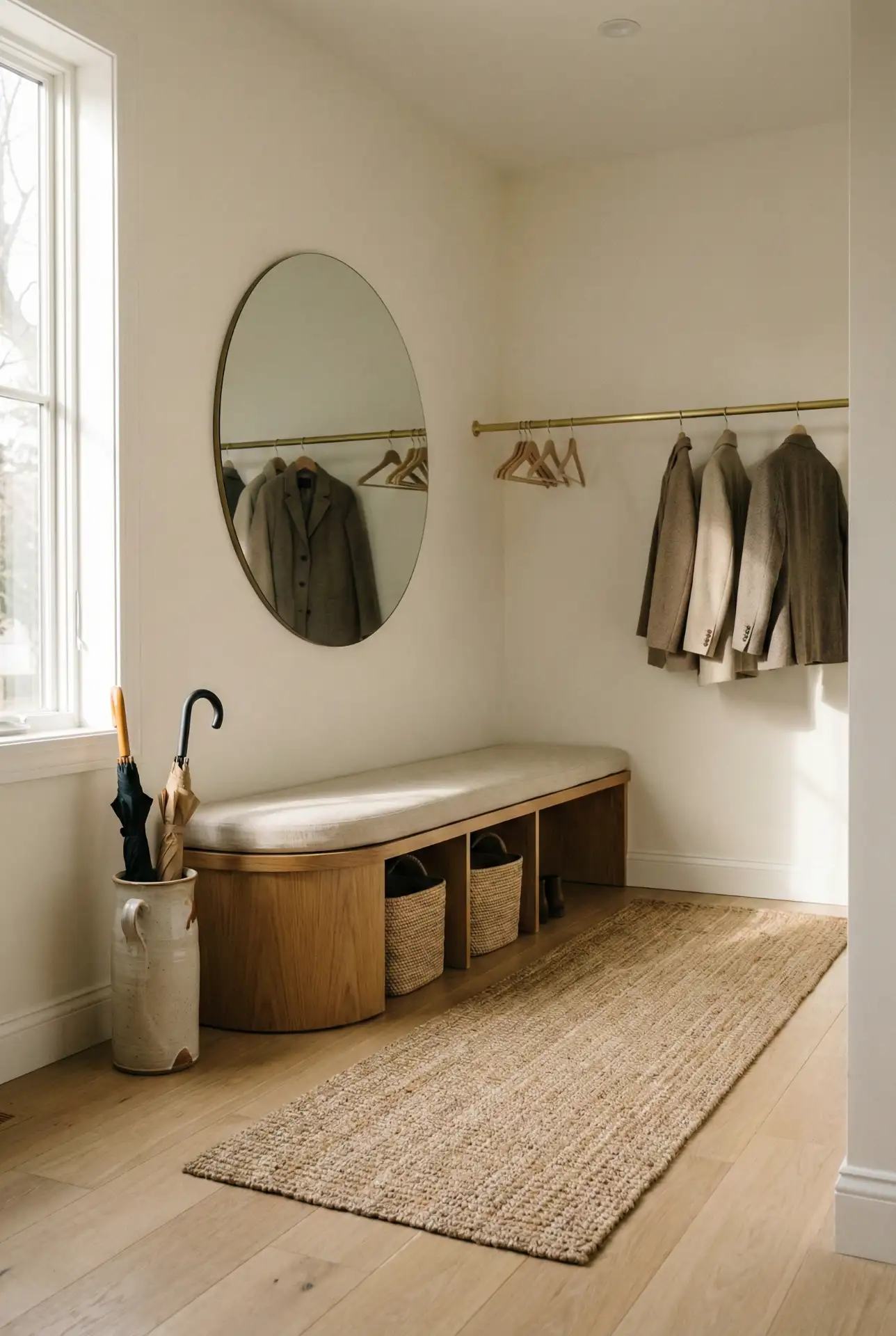 Entryway Transition Mudroom With Sculptural Mirror And Curved Bench 1