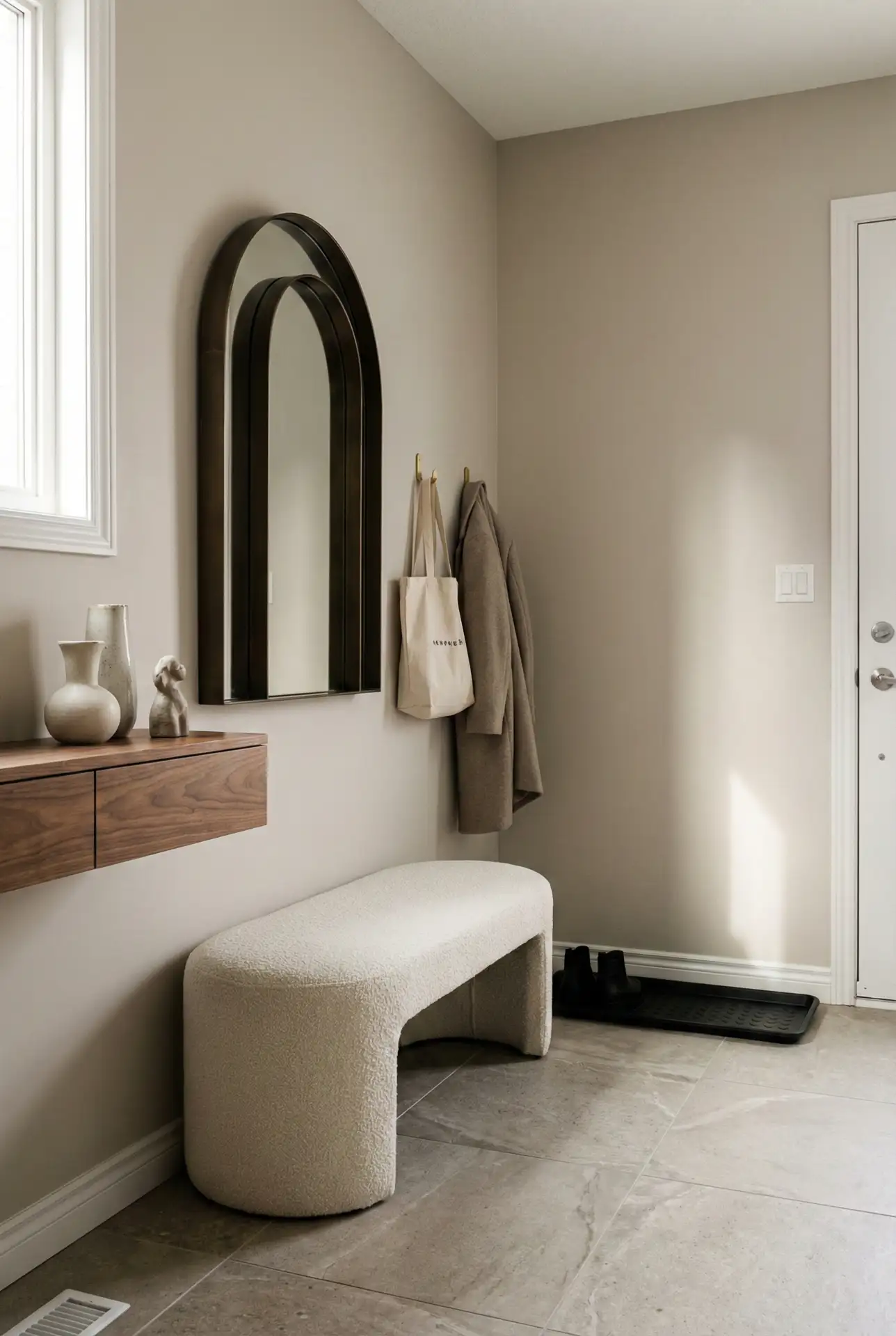 Entryway Transition Mudroom With Sculptural Mirror And Curved Bench 2