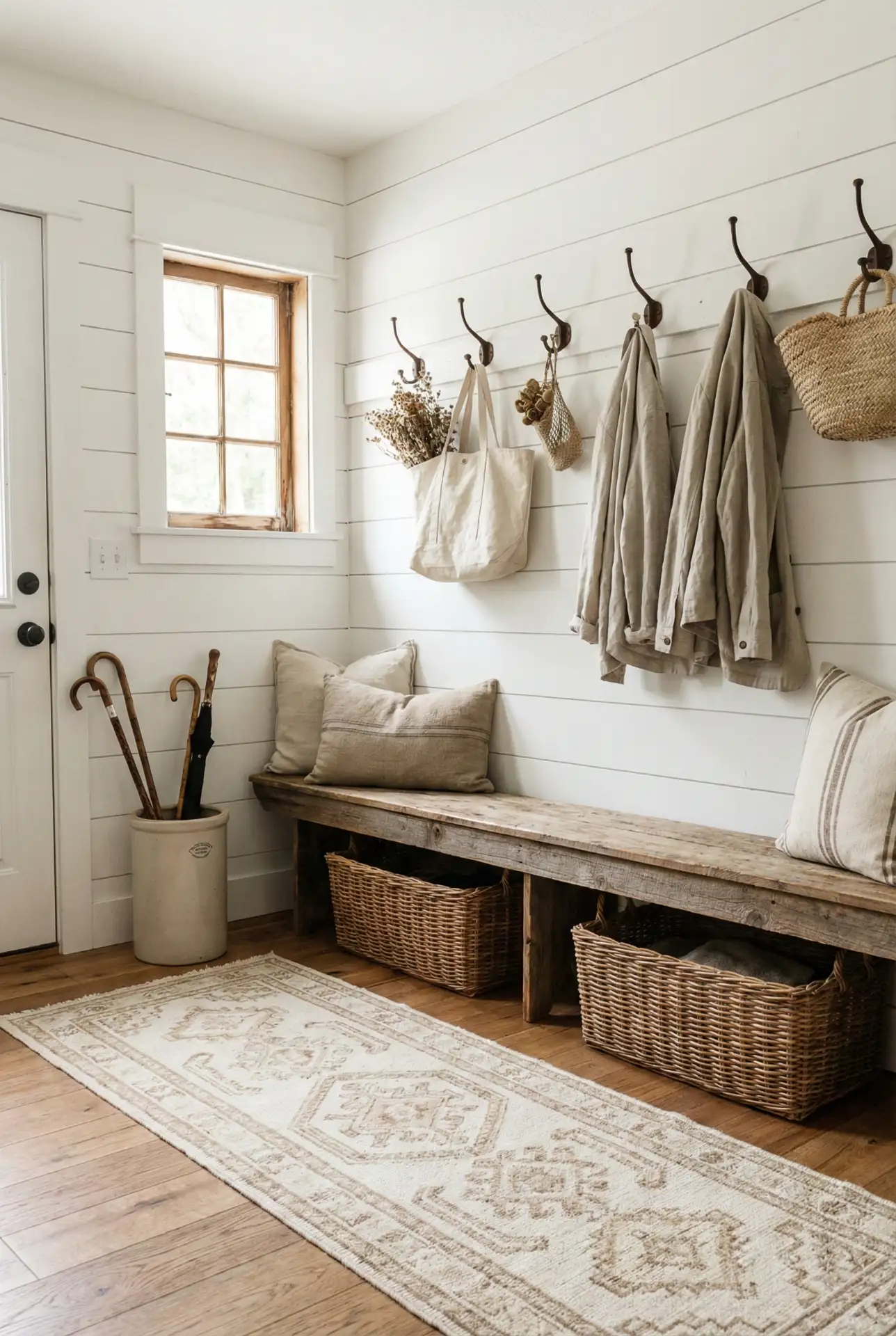 Farmhouse Mudroom With Shiplap And Vintage Hooks 1