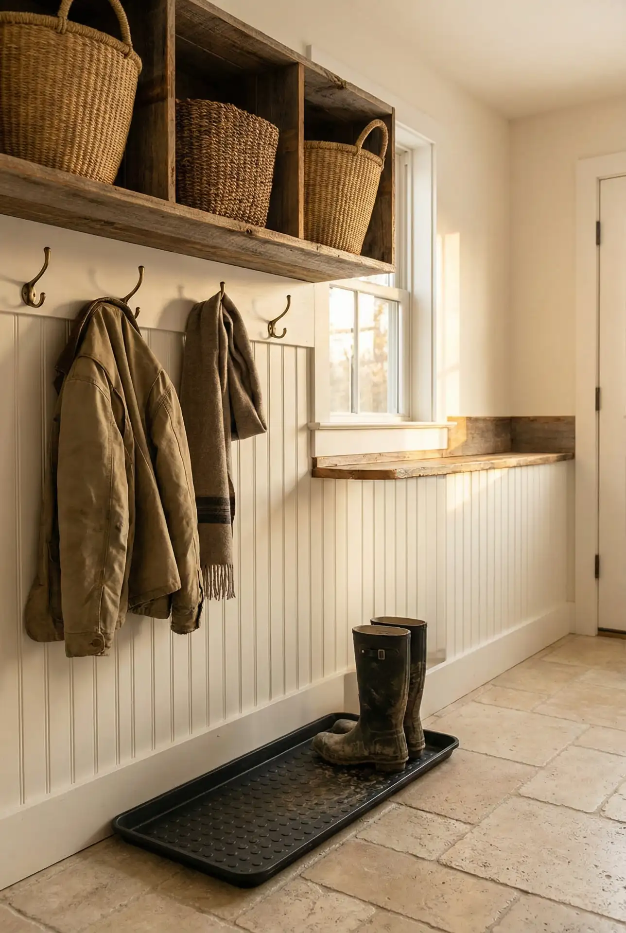 Farmhouse Mudroom With Shiplap And Vintage Hooks 2