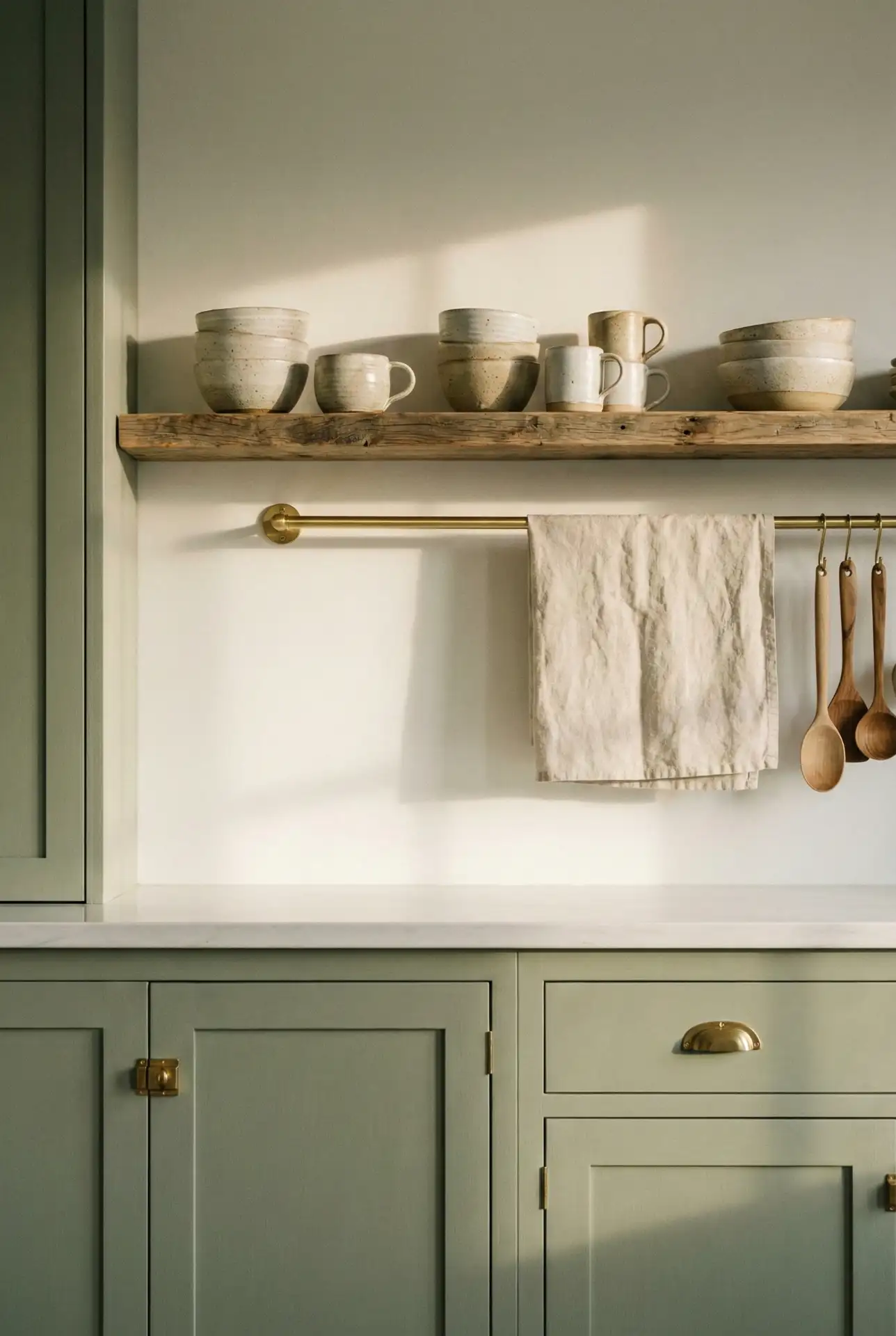 Farmhouse Sage Styling With Soft Decor Ideas On Open Shelves 2