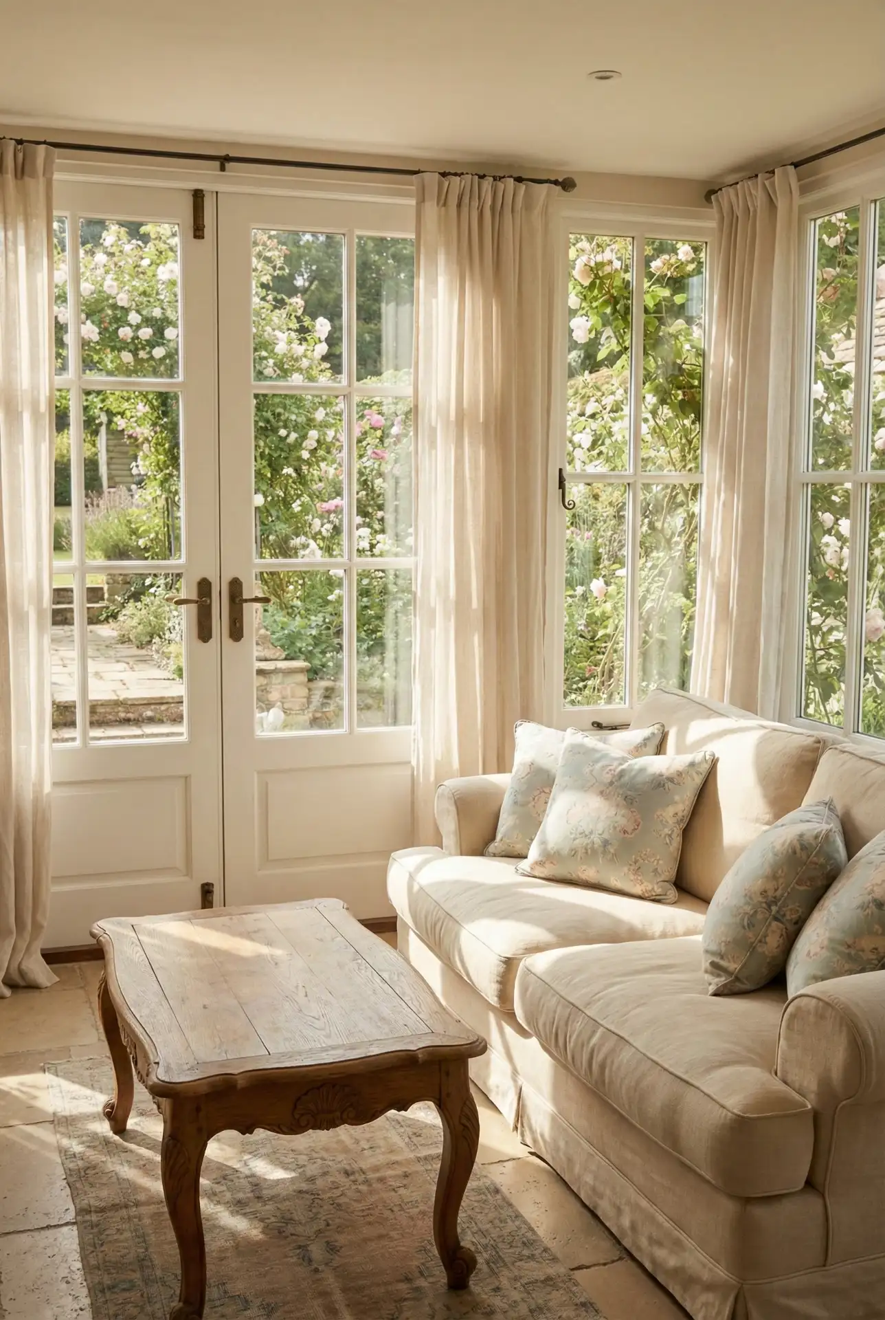 French Country Sunroom With French Doors 1