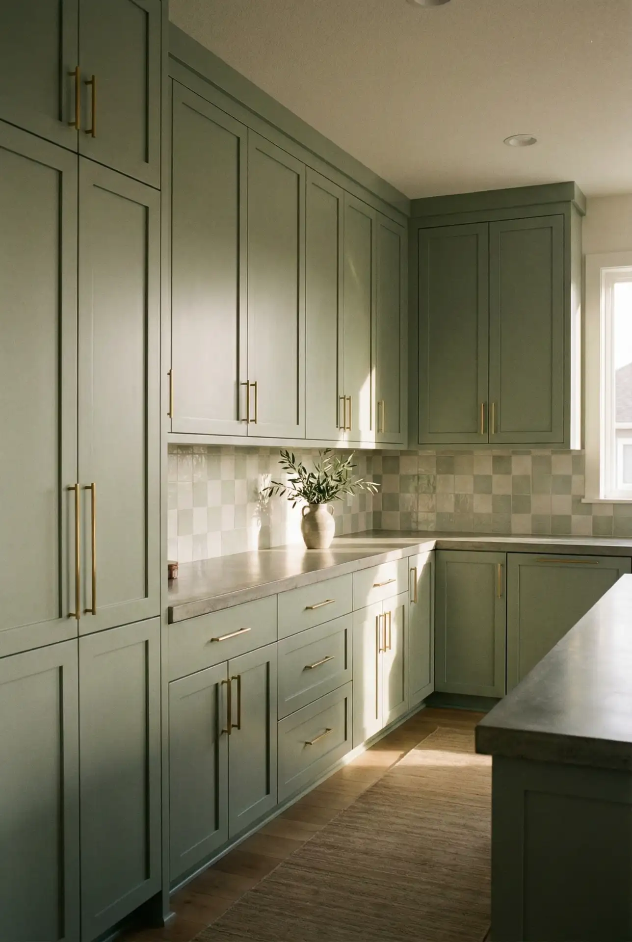 Full Sage Kitchen With Floor-To-Ceiling Cabinets And Subtle Tile 1
