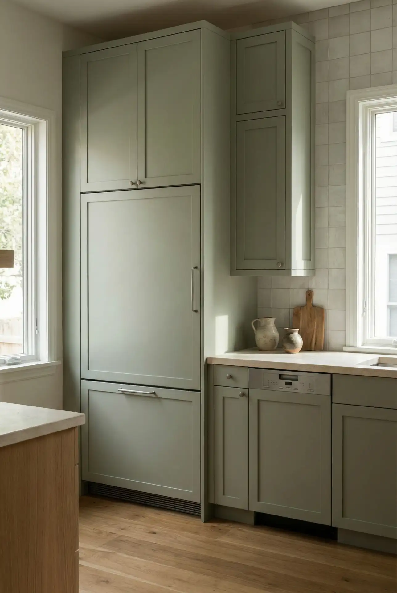 Full Sage Kitchen With Floor-To-Ceiling Cabinets And Subtle Tile 2