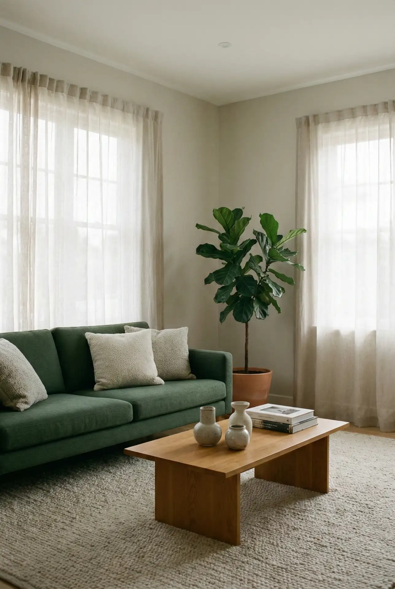 Green Couch With Neutral Layers For A Calm, Nature-Led Room 2